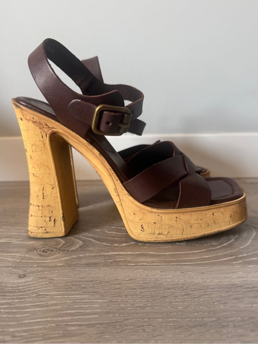 Vintage Y2K Aldo Brown Leather Cork Platform Heels Sandals Sz 8 / 38 Bratz vibes - Picture 5 of 14